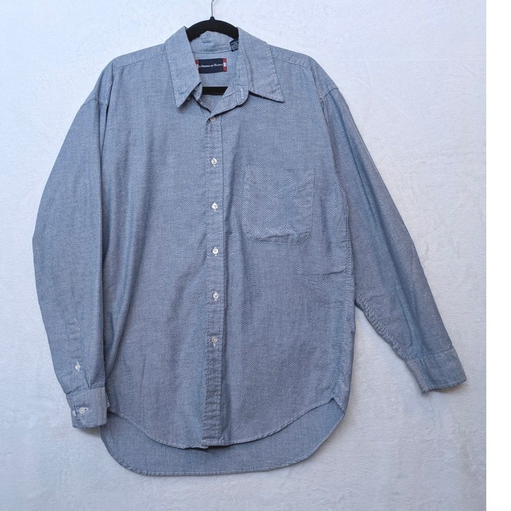 American Blue Button Up Shirt Mens Medium Blue Distressed Cotton Long Sleeve Y2K